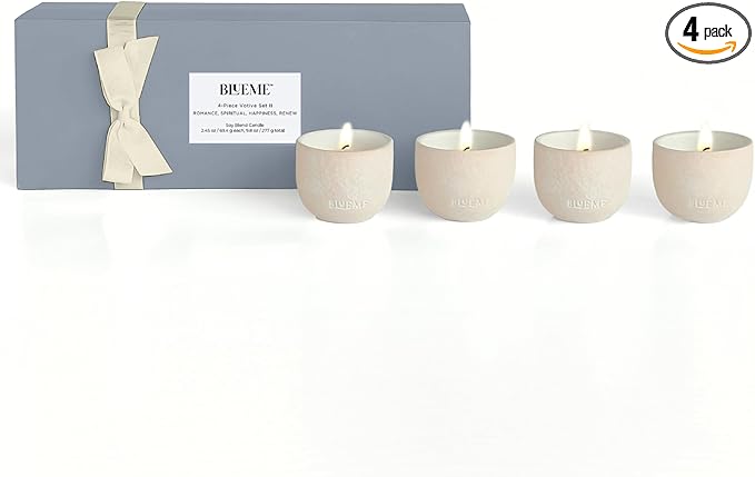 BLUEME 4pk Wellness Travel Candle Votive, Sustainable, Contains Essential Oil, Soy-Wax Blend (Romance, Spiritual, Happiness, Renew)
