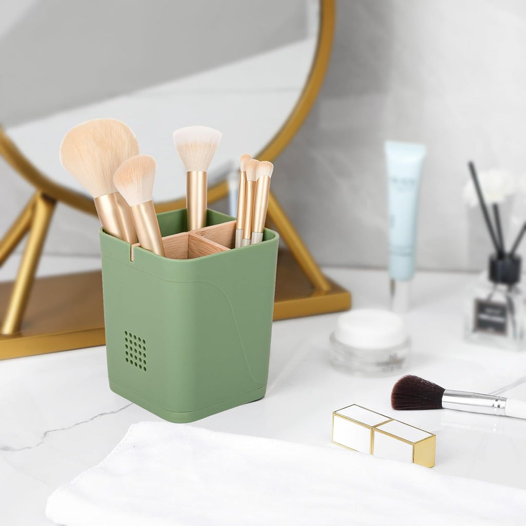 Electric Toothbrush Holder 3 Slots Tooth Brushing Holder with Bamboo Dividers for Bathrooms, Plastic Toothbrush and Toothpaste Organizer for Shower, Countertop, Vanity, Green