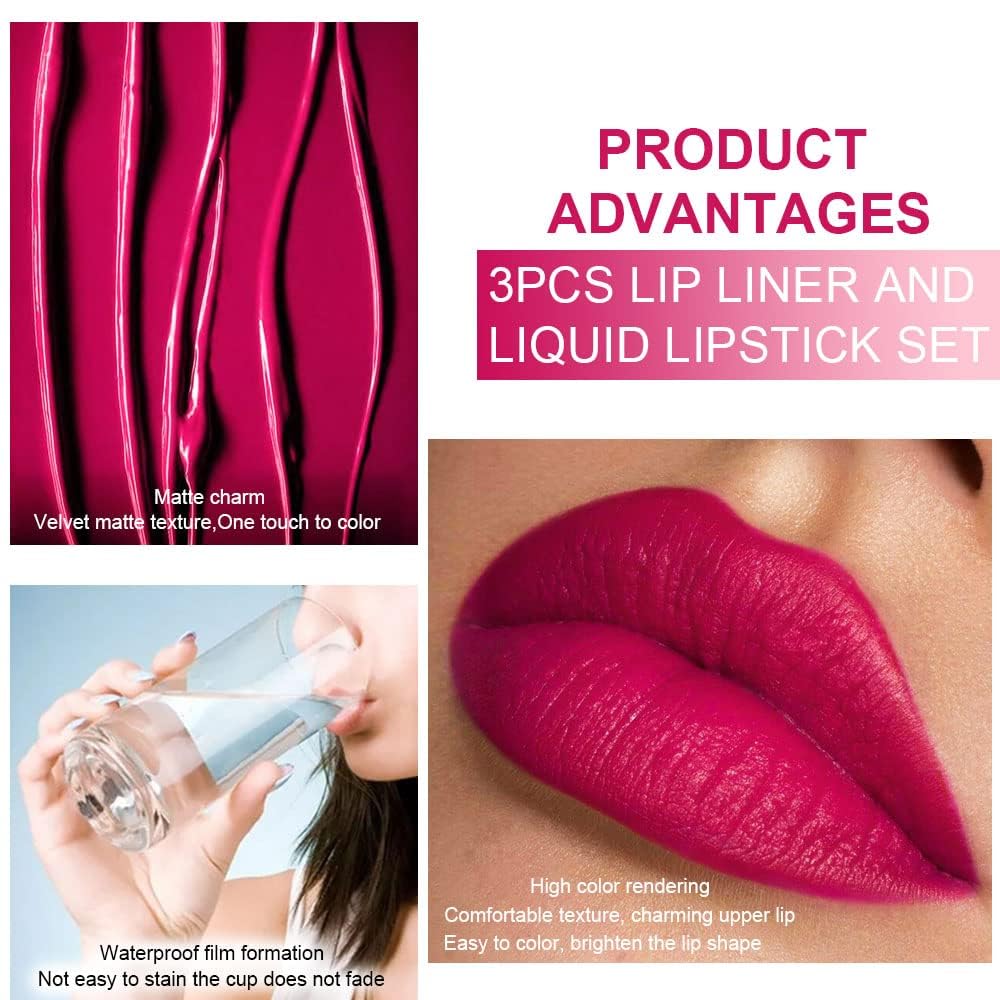 3Pcs 2 in 1 Dark Plum Purple Rose Dark Red Lip Liner and Liquid Lipstick Stain Makeup Set for women, Long Lasting Smudge Proof Lip Tint Matte Finish Lip Gloss for All-Day Color Hold Easy to Use, Set01