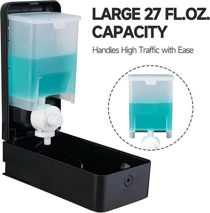 27oz (800 ml) Manual Wall Mounted Soap Dispenser, Ideal for Commercial Bathrooms Restaurants Hotels, Use with Liquid Hand Soap Shampoo, ABS Black
