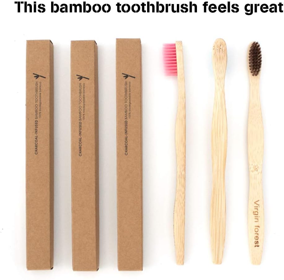 Virgin Forest Bamboo Toothbrushes, Eco-Friendly Soft Bristles Toothbrush, Biodegradable Wood Toothbrush Set of 6