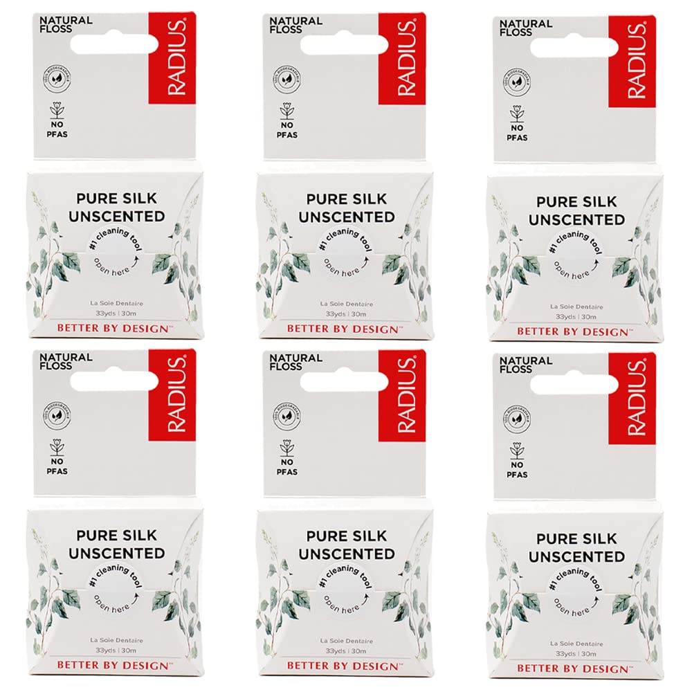 RADIUS Dental Floss, Natural Floss, Unscented Silk, 33 Yards, Compostable & Non-Toxic Oral Care Designed to Help Fight Plaque, Pack of 6