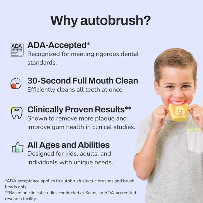 autobrush Kids Electric Toothbrush – Only ADA Accepted U-Shaped Toothbrush, Clinically Proven Up to 5.1X Better Cleaning, 30 Seconds, Full-Mouth 360 Coverage, LED Lights, Music, Ages 6-8, Hippo