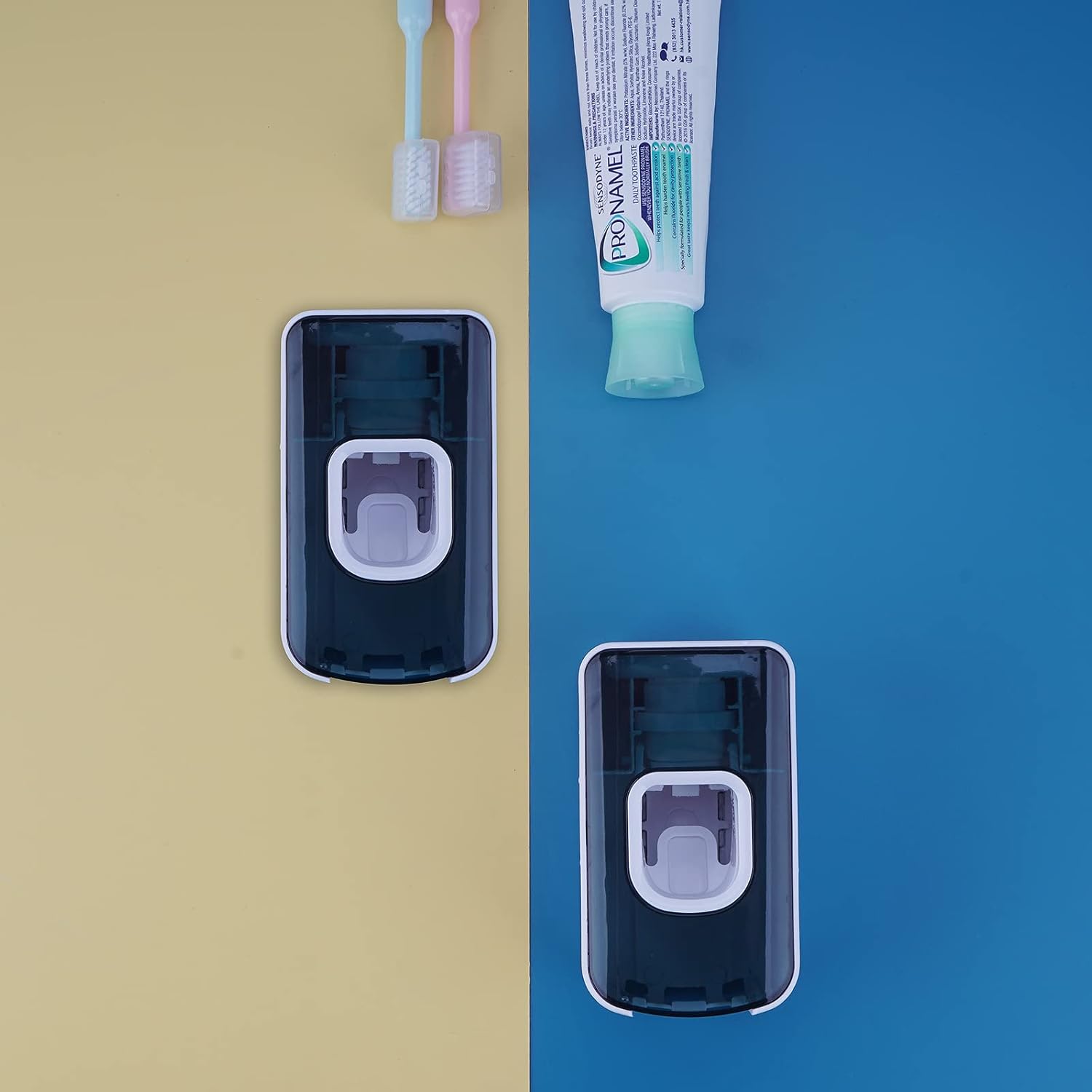 2 Slot Toothbrush Holder and Toothpaste Dispenser Wall Mounted, Automatic Toothpaste Squeezer, 2 in 1 Tooth Brush Toothpaste Organizer for Shower (Blue)