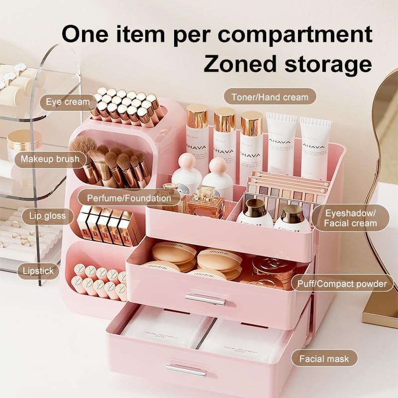 Makeup Organizer with Drawers,Large Capacity Countertop Organizer for Vanity,Bathroom and Bedroom Desk Cosmetics Organizer,Easy To Storage Skincare,Brushes,Lotions,Lipstick (All Pink)