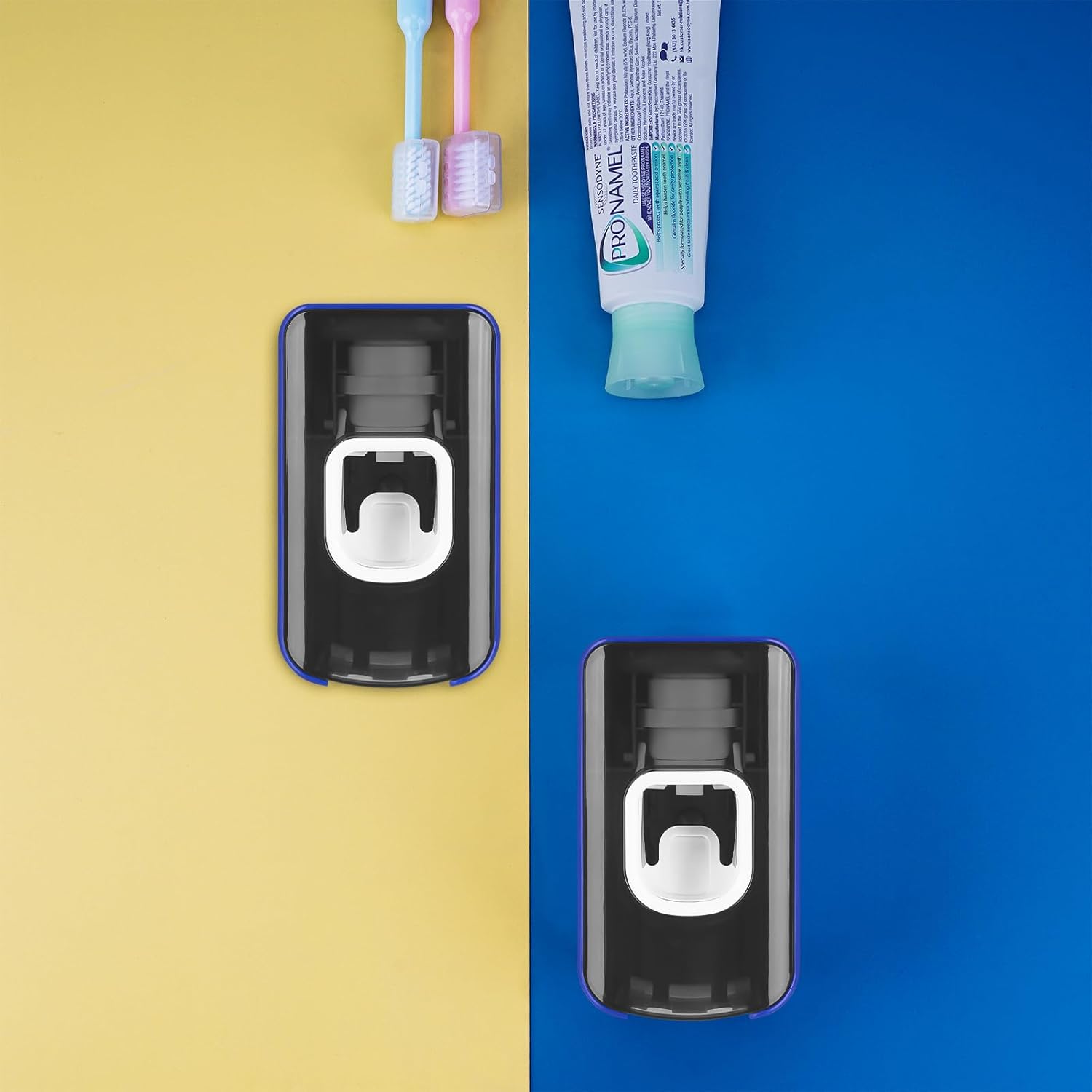 2 Slot Toothbrush Holder and Toothpaste Dispenser Wall Mounted, Automatic Toothpaste Squeezer, 2 in 1 Tooth Brush Toothpaste Organizer for Shower (Dark Blue)