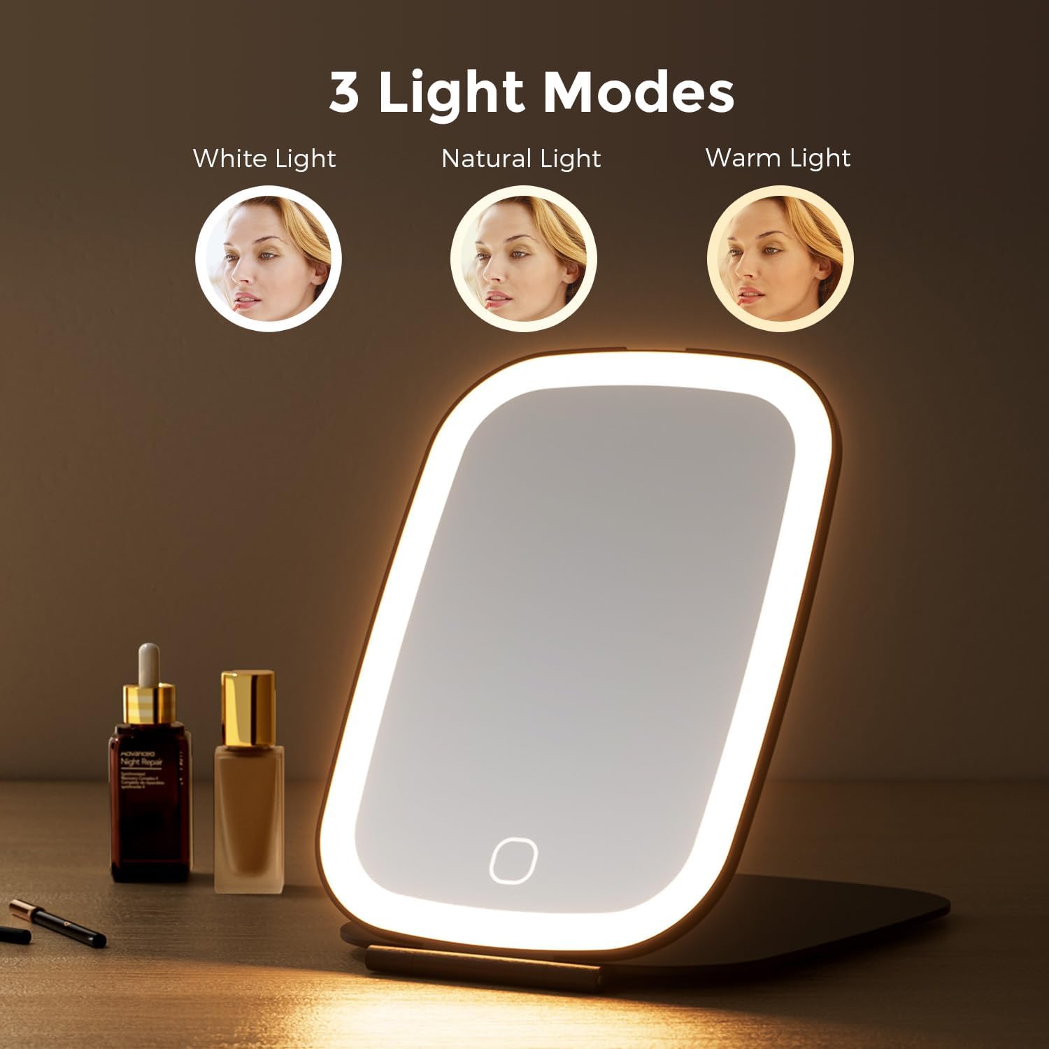 Rechargeable Travel Mirror with Light, Portable Mirror, 3 Color Light, 7.5 inch LED Folding Makeup Mirror (Black)