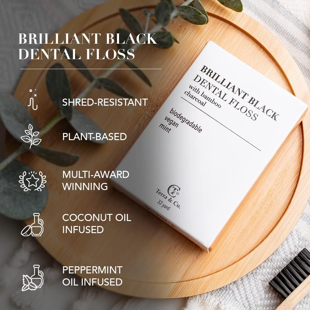 Terra & Co., Brilliant Black Dental Floss (32 Yards) | Organic Teeth Whitening Products | All Natural, with Activated Bamboo Charcoal | Vegan & Cruelty Free | Luxury Dental Care