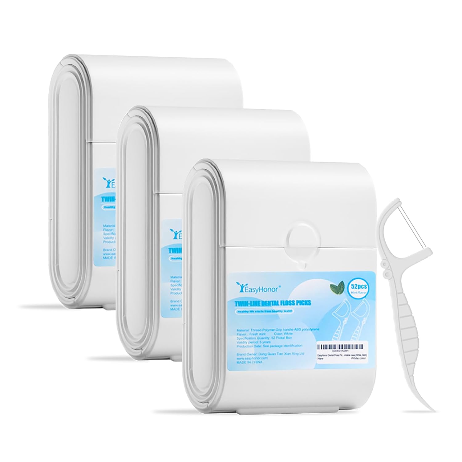 EasyHonor Dental Floss Picks,Twin-Line Mint Flavor Dental Flossers, Dual Action Flossing System, Easy Carry and Pick, 156 Count Floss Sticks in 3 Portable case.(White, Mint)