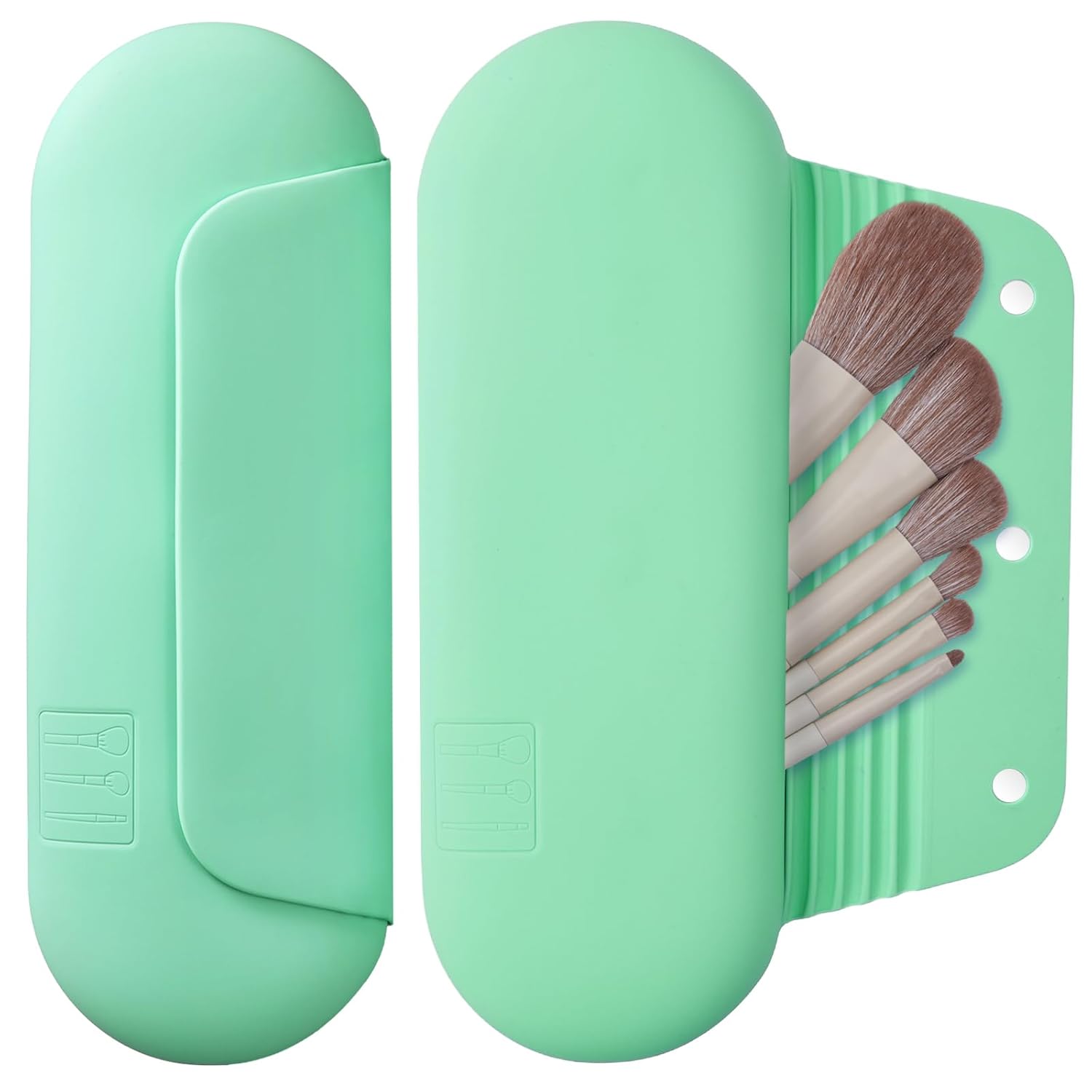 Silicone Makeup Brush Holder Travel Cosmetic Bag：Soft Portable Cosmetic Face Brushes Holder with Upgrade Anti-Fall Out Magnetic Closure, Large Travel Makeup Brush Case - Green
