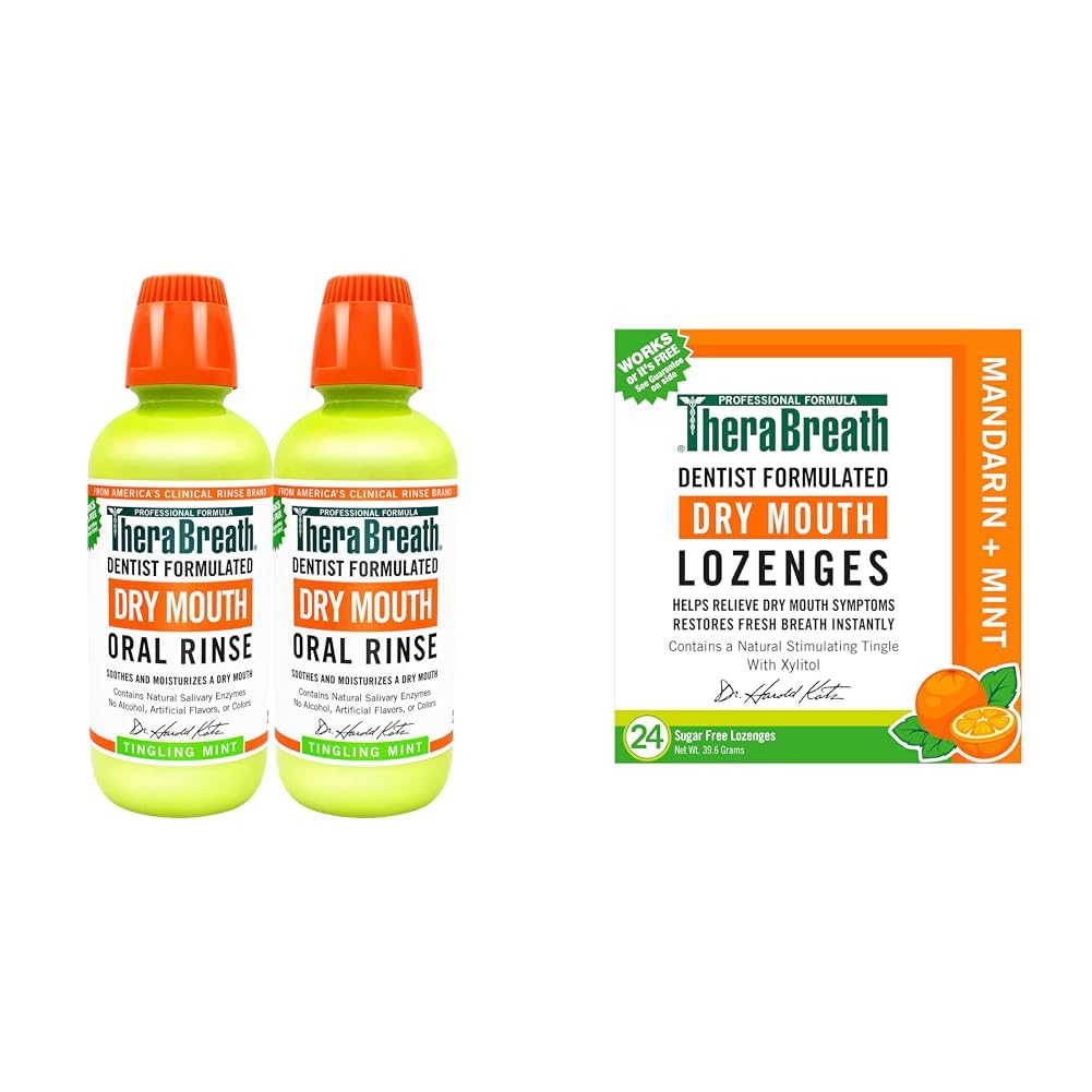TheraBreath Dry Mouth Oral Rinse, Tingling Mint, Dentist Formulated, 16 Fl Oz (2-Pack) & Dry Mouth Dentist Formulated Sugar-Free Lozenges, Mandarin Mint, 24 Count