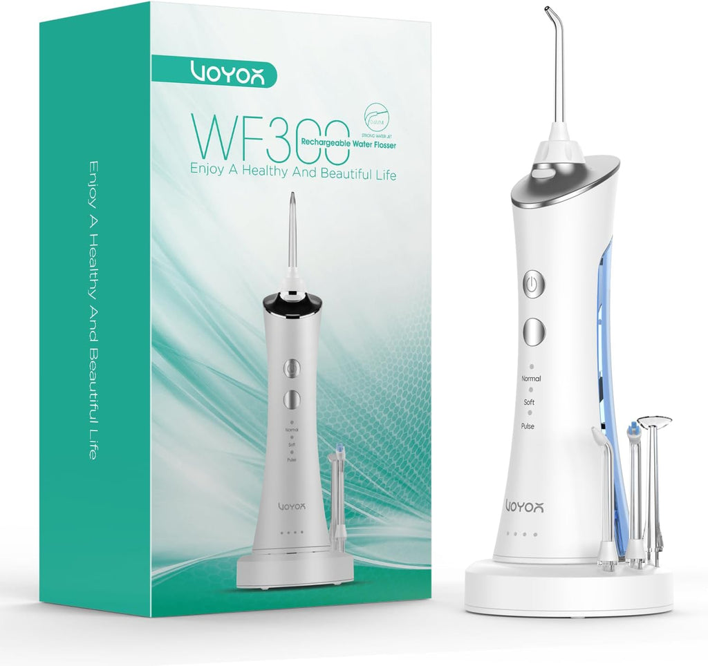 VOYOR-HEALTH Water Dental Flosser for Teeth Cordless, Portable Oral Irrigator with 3 Modes 4 Tips, IPX7 Waterproof Rechargeable Electric Flosser for Teeth Deep Cleaning for Travel Home WF300 (Blue)