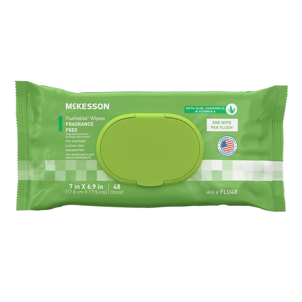 McKesson Flushable* Adult Wet Wipes – 48 Wipes (1 Pack of 48) – Aloe & Vitamin E, Plant-Based Cleansing Wipes, Unscented