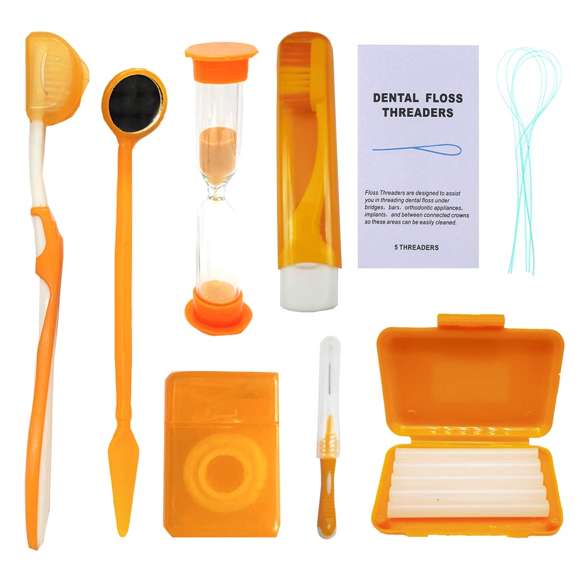 Braces Cleaning Kit for Teeth, Portable Orthodontic Toothbrush Kit Oral Care Dental Travel Kit - Interdental Brush Dental Wax Dental Floss Toothbrush Box (Orange)