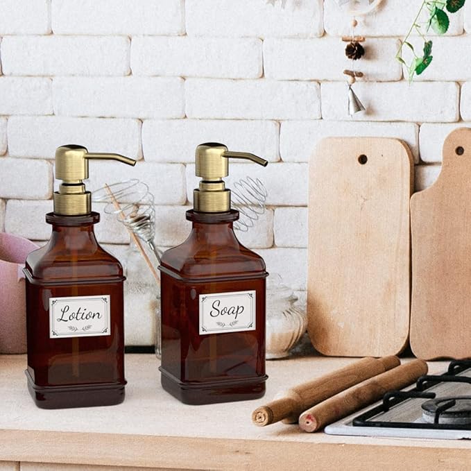 GLADPURE Soap Dispenser 2 Pack, Hand Soap Dispensers with 18 Oz Antique Design Thick Amber Glass Bottle, 316 Rust Proof Stainless Steel Pump, 6Pcs Stickers, for Lotion, Soap - Brushed Gold