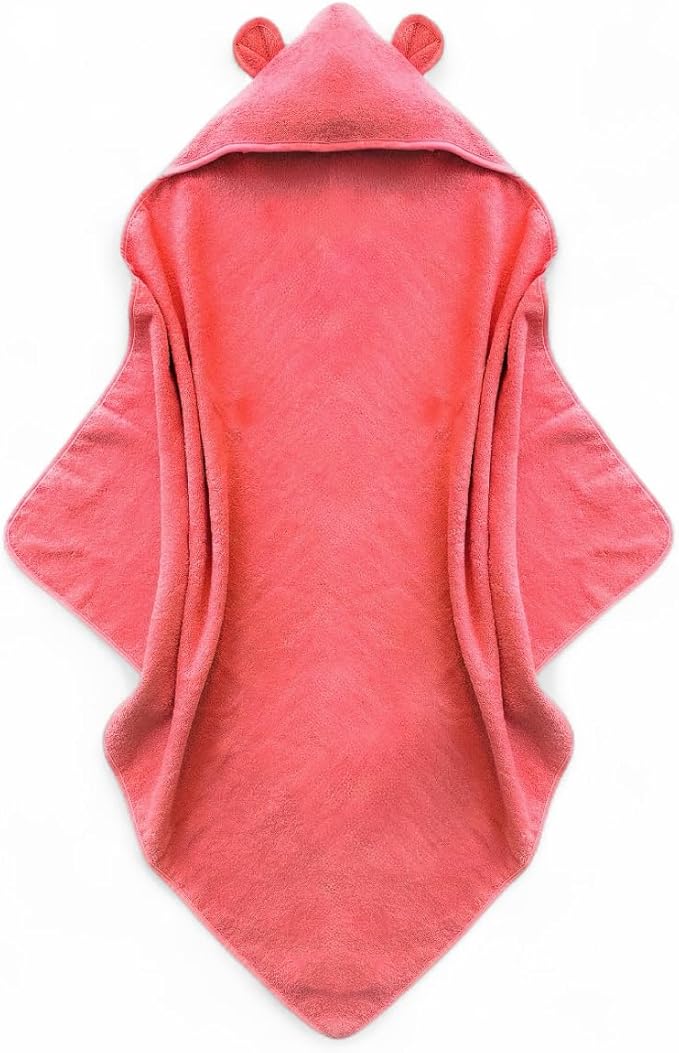 Organic Cotton Toddler Poncho Towel 33"x33" – Ultra-Soft Hooded Bath & Beach Towel with Bear Ears – Absorbent Kids Towel for Boys & Girls 0-5T, Premium for Pool, Bath & Travel (Coral)