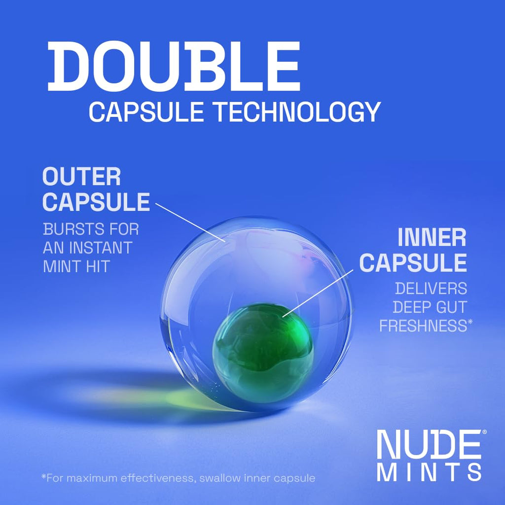 NUDE MINTS | Dual Action Liquid Capsules | Mouth Watering Mint - Lasts 3X Longer - 3X Stronger - Extreme Bad Breath Treatment For Adults - Sugar Free, 0 Calorie - Peppermint - 5 Pack - 150 Capsules