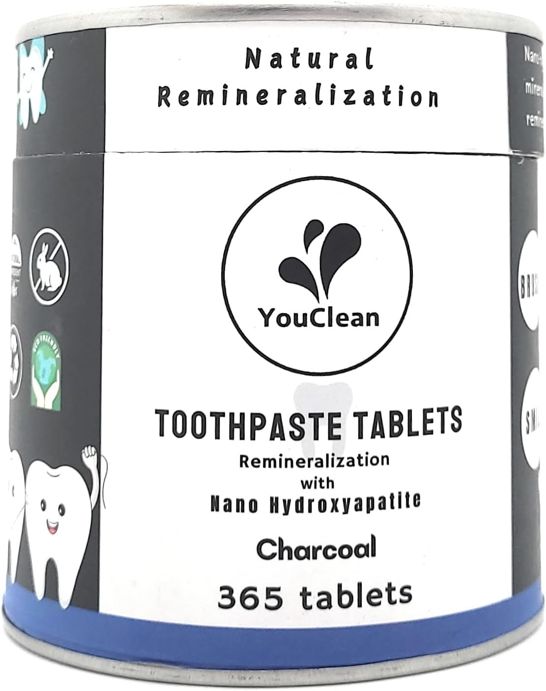Refill Pack - 365 Toothpaste Tablets - Natural Remineralization & Whitening with Nano Hydroxyapatite - Travel or Daily Use - Fluoride Free (Charcoal365)