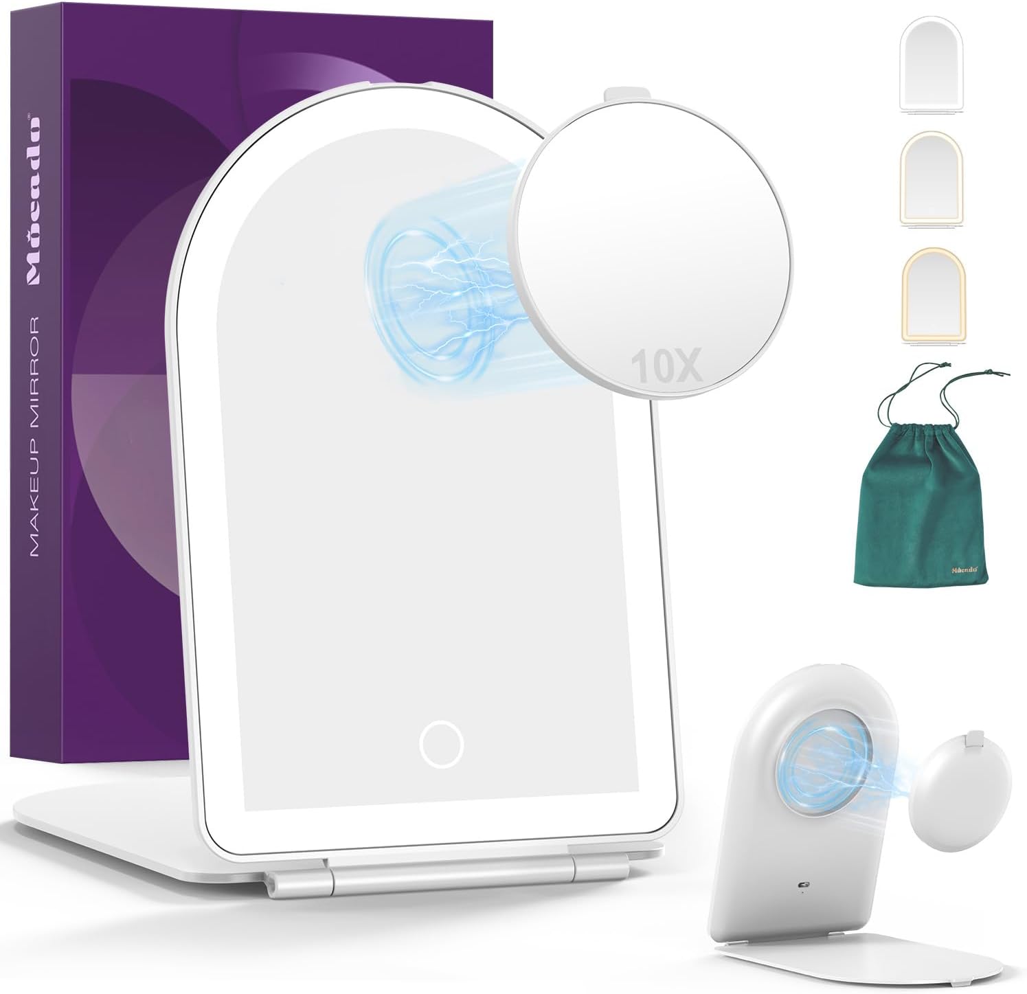 Mocado Travel Makeup Mirror with Light, 1x/10x Magnifying Mirror with Light, 3 Colors Lighted Magnifying Mirror, 2000mAh Rechargeable Lighted Makeup Mirror, Memory Function (Arched-White)