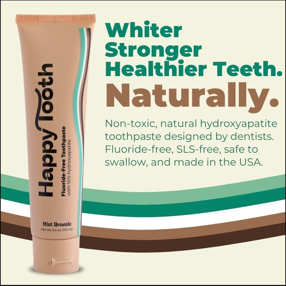 Happy Tooth Hydroxyapatite Toothpaste, Fluoride Free, Natural Whitening for Kids, Toddlers and Adults, SLS Free, Enamel Safe, Dentist Formulated with Clean Ingredients, Mint Brownie Flavor, 3.4oz