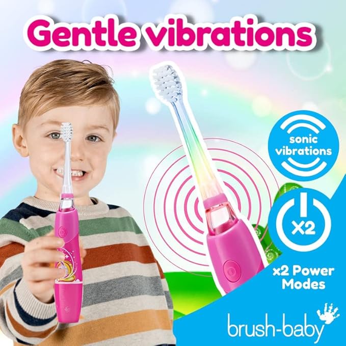 brush-baby - KidzSonic Unicorn Kids Electric Toothbrush, Ages 3+ Years - DeepClean Bristles, Suction Base - Fun Design with Flashing Lights - 2 x Replacement Heads & 1 x AAA Battery