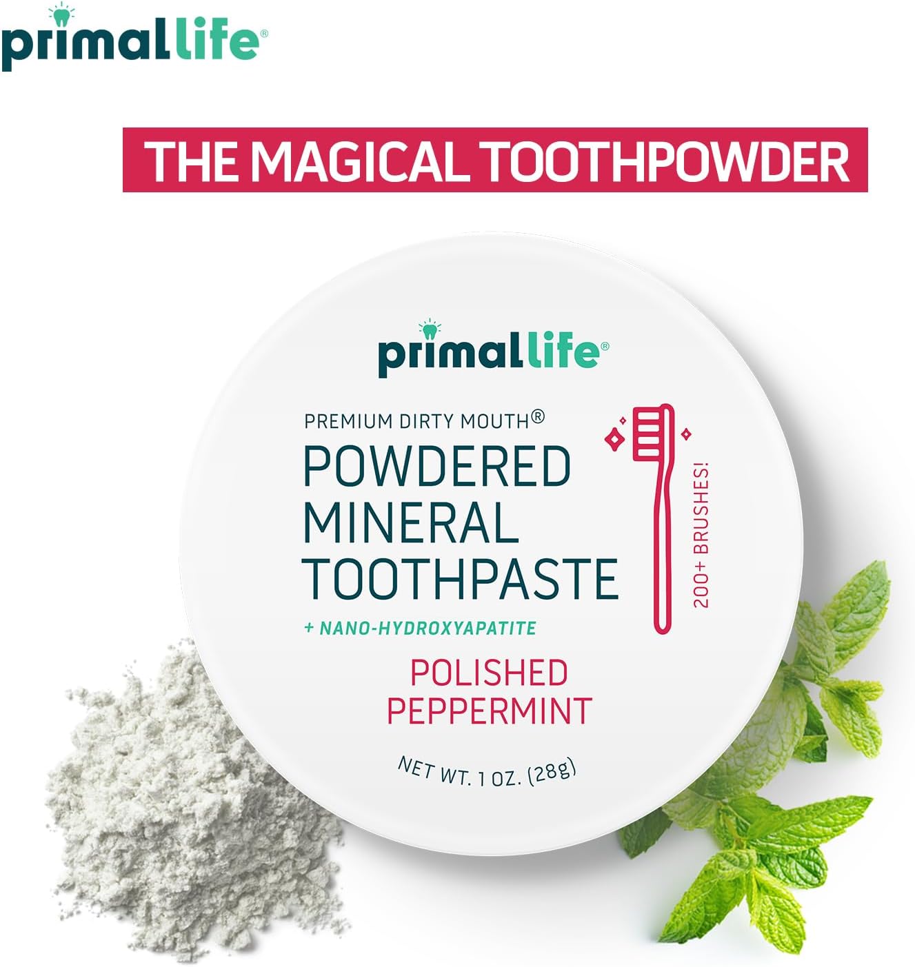 Primal Life Organics - Dirty Mouth Toothpowder, Tooth Cleaning Powder, Flavored Essential Oils with Natural Kaolin & Bentonite Clay, Good for 200+ Brushings, Paleo, Organic, Vegan (Peppermint, 1 oz)