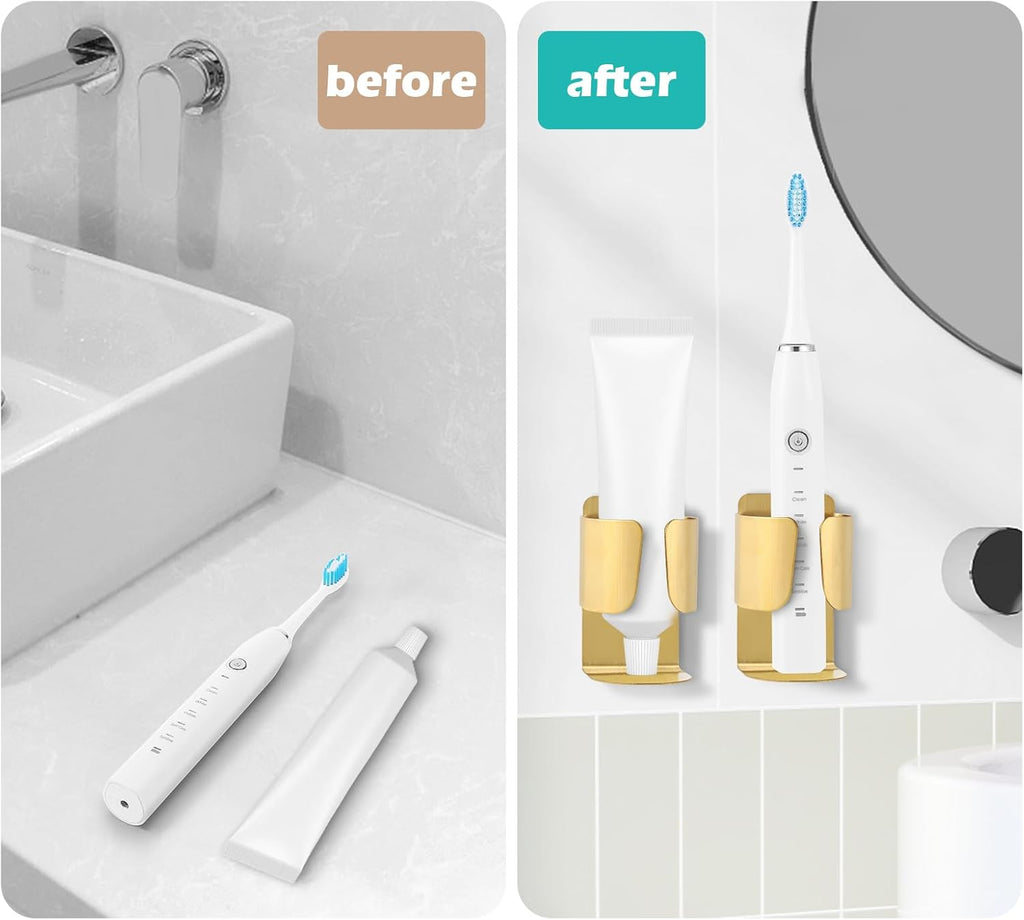 Electric Toothbrush Holder, 304 Stainless Steel Wall Mounted Self Adhesive Storage Organizer Stand Rack for Electric Toothbrush, Toothpaste, Facial Cleanser(Golden 4 Pack)