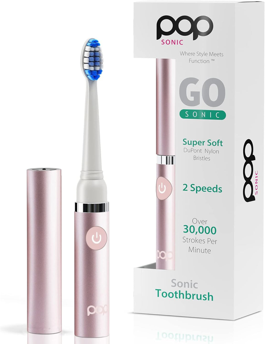 Pop Sonic Electric Toothbrush (Metallic Rose) - Travel Toothbrushes w/AAA Battery | Kids Electric Toothbrushes with 2 Speed & 15,000-30,000 Strokes/Minute, Dupont Nylon Bristles