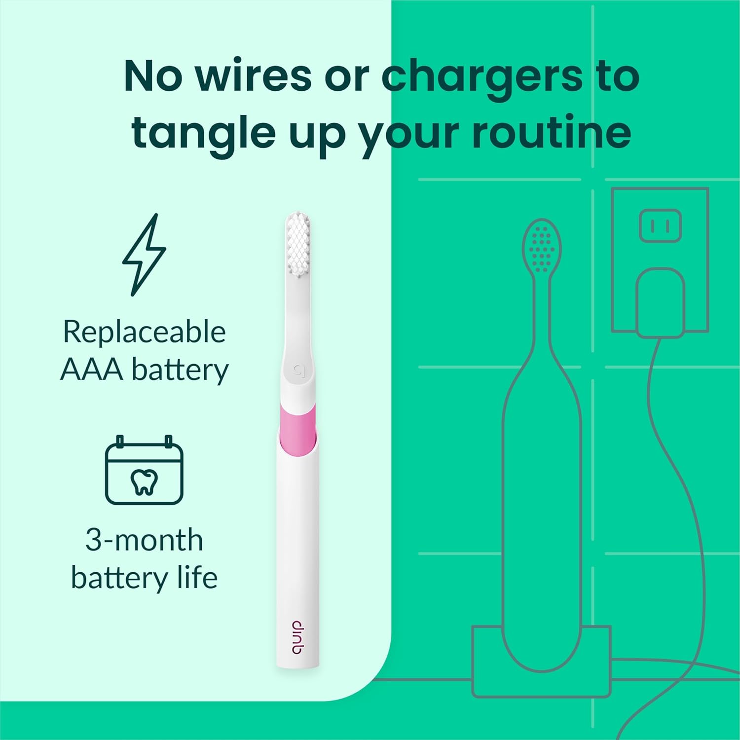 Quip Sonic Electric Toothbrush for Adults - Time Travel & Soft Bristles with Travel Case & Replacement Brush Head - 3 Month Battery Life, Plastic Handle - Magenta