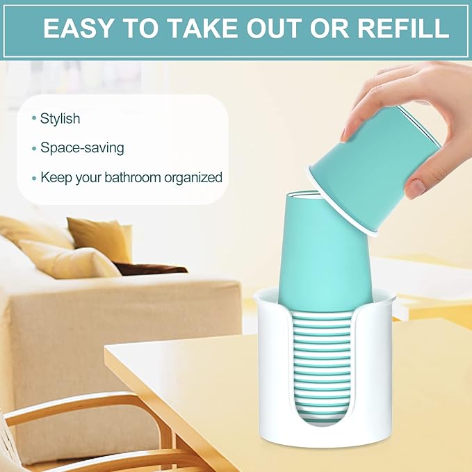 2 Pack Bathroom Cup Dispenser 3 oz Countertop - Convenient Paper Cup Holder for Mouthwash Cups - Easy to Use Cup Dispenser for Bathroom（White）