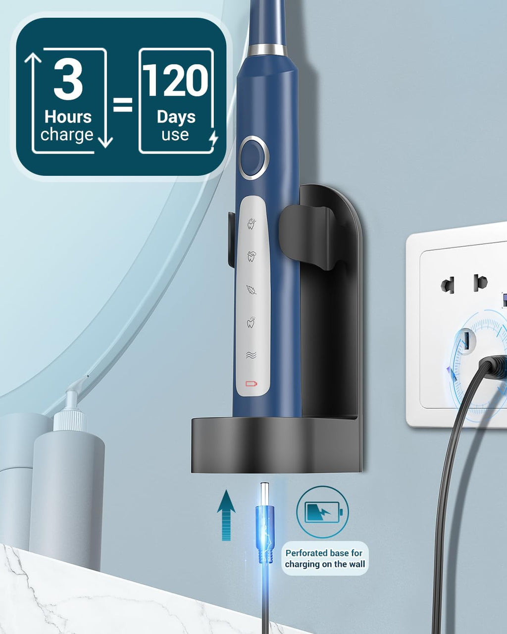 Rtauys Sonic Electric Toothbrush for Adults - Rechargeable, 41,000 Vibrations per Minute, Teeth Whitening, 8 Brush Heads, 24 Months of Usage, Blue