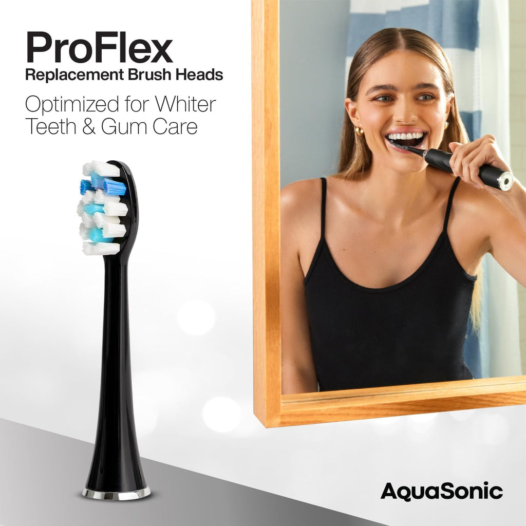 AquaSonic Proflex Replacement Brush Heads | ADA Accepted | for Whiter Teeth & Gum Care | Compatible with Many AquaSonic Toothbrush Handles (3 Pack Black)
