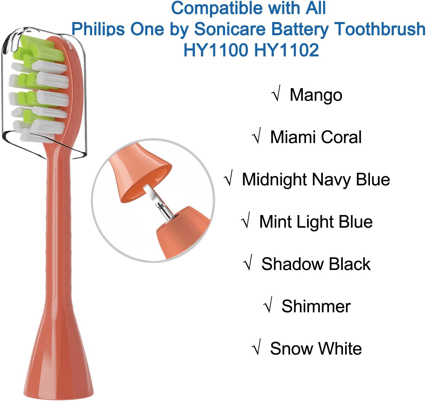 One Series Replacement Toothbrush Heads Pisonicleara Compatible with sonicare Philips One Series BH1022/03 HY1100/02 HY1102 (8-pc) Battery Brush, Mango Snow White Travel Refill