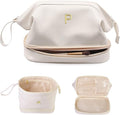Girl Gift Ideas, White Makeup Bag, Initial Double Layer Cosmetic Bag with Makeup Brush Organizer, PU Leather Travel Toiletry Bag Gifts for Women Her Friend Sister Mom Gifts
