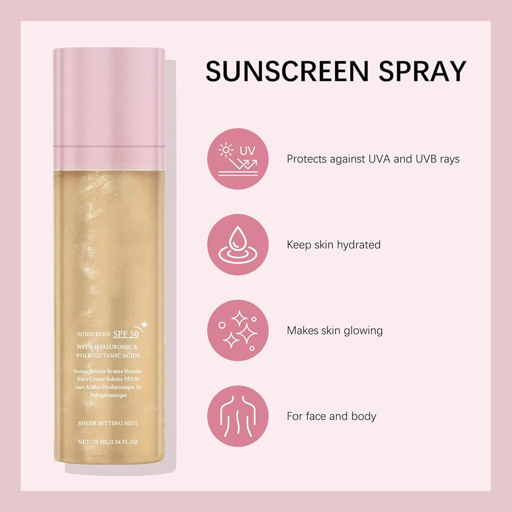 SPF Setting Spray for Face & Body - Sheer Sunscreen Mist SPF 50, Makeup-Friendly Setting Mist with Hydrating Glow, Reef-Safe & Non-Greasy for Beach, Wedding, Daily Wear (1)