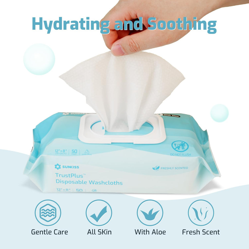 SUNKISS Trustplus Wet Wipes for Adult No Rinse, Extra Large 8”x12” Body Cleaning Washcloths for Elderly Incontinence & Cleansing, Fresh Scented, 800 Count (16 Packs of 50)