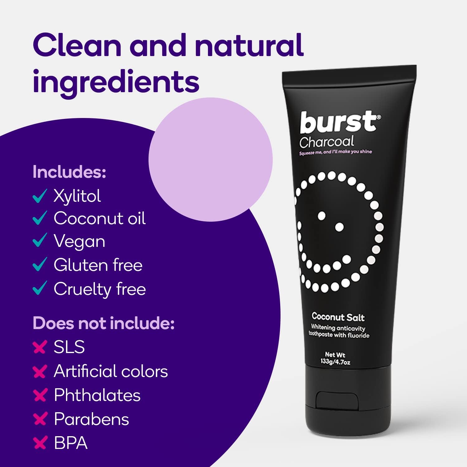 BURST Charcoal Whitening Toothpaste for Adults (4.7oz) | for Sensitive Teeth with Cavity Fighting Fluoride & Xylitol |Vegan | Gluten & SLS Free | Coconut Salt