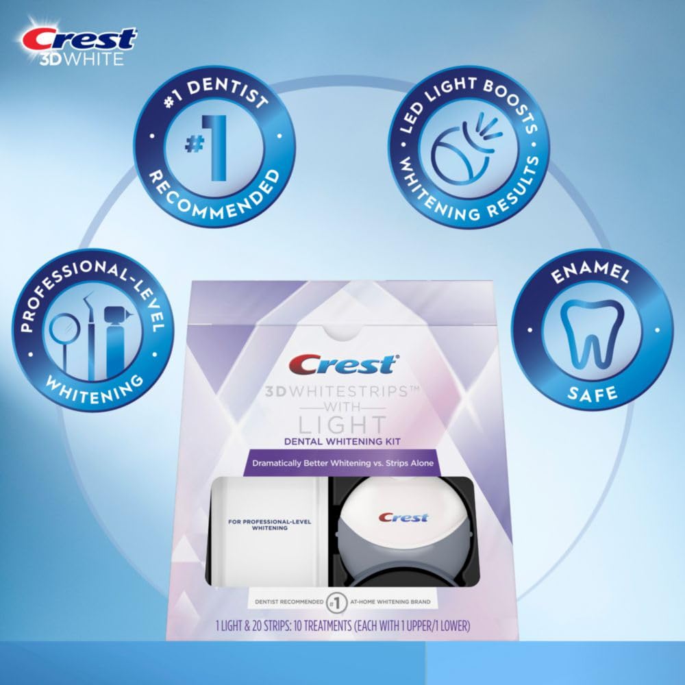 Crest 3D Whitestrips + LED Light – Teeth Whitening Kit, 1 Light + 10 Treatments, Each with 1 Upper/1Lower, 20 Strips – Crest 3DWhite Teeth Whitening Strips