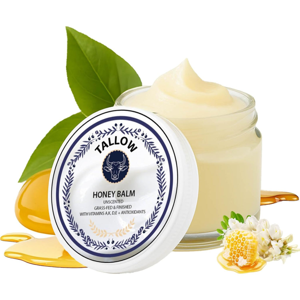 Grass Fed Honey & Tallow Balm - Tallow and Manuka Honey Cream, Bálsamo de Miel y Sebo, Unscented, Natural Ingredient Whipped Moisturizer for Face & Body, Lotion and Lip Balm 2 oz (1pcs)