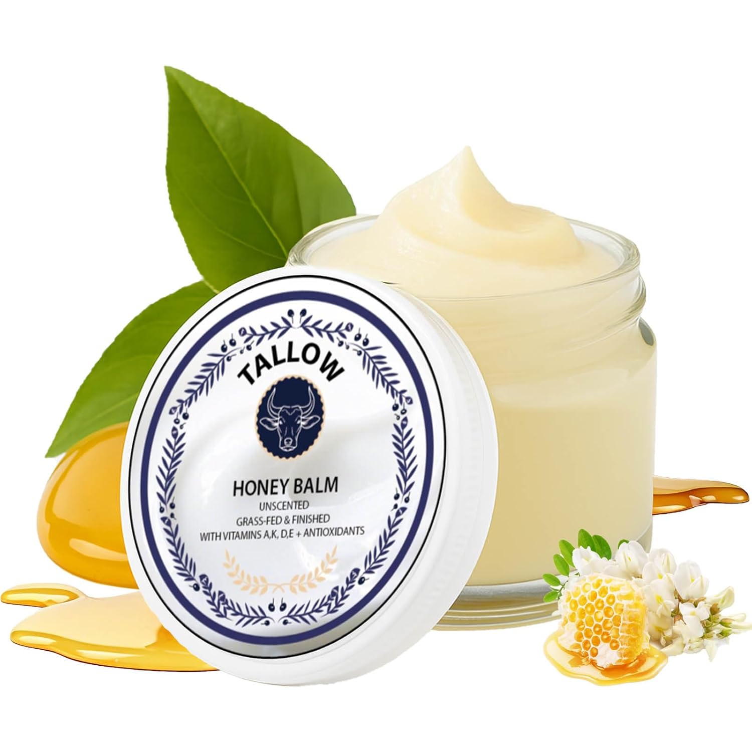 Grass Fed Honey & Tallow Balm - Tallow and Manuka Honey Cream, Bálsamo de Miel y Sebo, Unscented, Natural Ingredient Whipped Moisturizer for Face & Body, Lotion and Lip Balm 2 oz (1pcs)