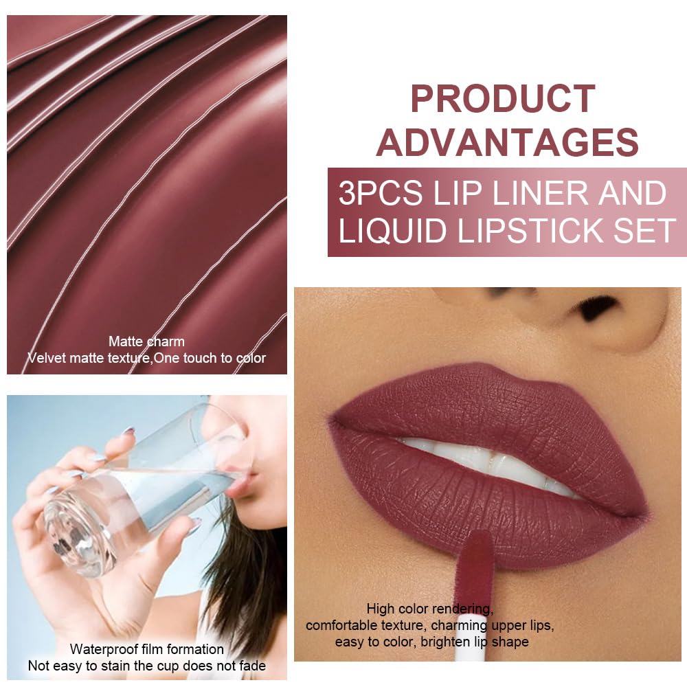 3Pcs 2 in 1 Dark Red Nuetral Mauve Red Brown Matte Lip Liner and Liquid Lipstick Stain Makeup Set for women, Long Lasting Smudge Proof Lip Tint Matte Finish Lip Gloss for All-Day Color Hold Set34