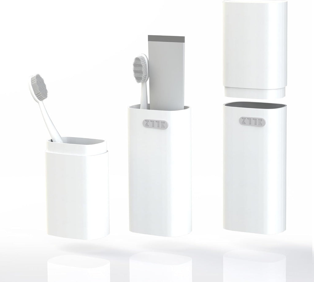 Ventilated Compact White Toothbrush Travel Case, Portable Toothbrush & Toothpaste Holder Cover Organizer Container with Mouthwash Cup for School, Camping, Business Trips, Bathroom Storage