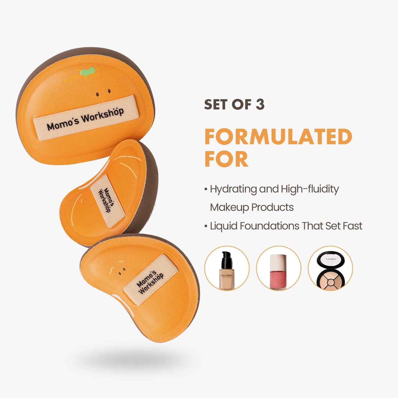 Momo's Workshop Orange Makeup Sponge Set (3pcs) – Large Soft Bounce & Small Firm Bounce PU Leather Puff, Rubycell Blender Sponge for Liquid & Cream Makeup & Storage Case