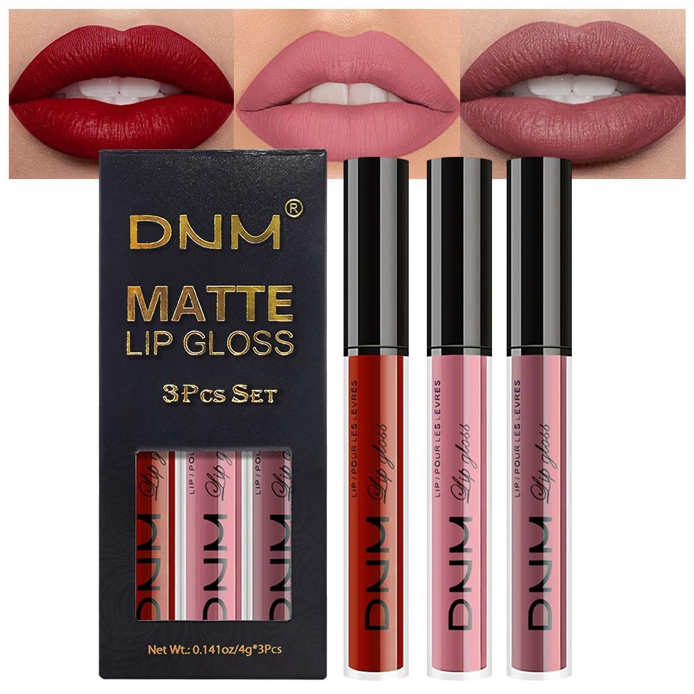 AMY'S DIARY 3Pcs Matte Liquid Lipstick Set, Classic Red Soft Pink Nude Rosewood Mauve Lip Stain Kit, LipStain Long Lasting 24 Non-Transfer Lip Gloss, Waterproof Lip Makeup for Women Lippies