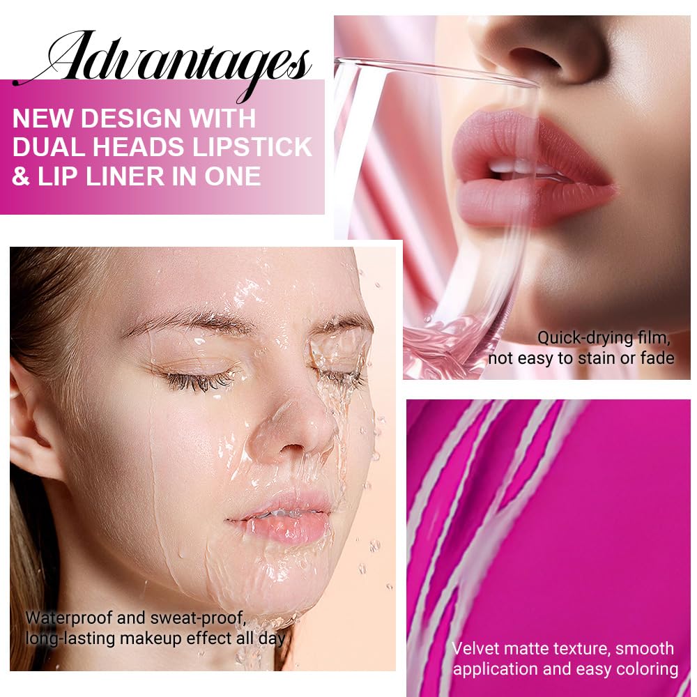 1Pcs 2 in 1 Hot Pink Matte Lip Liner and Liquid Lipstick Stain Makeup Set for women, Hot Pink Long Lasting Smudge Proof Lip Tint Matte Finish Lip Gloss for All-Day Color Hold Easy to Use 59#