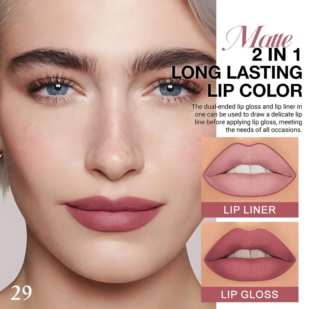 1Pcs 2 in 1 Antique Rose Matte Lip Liner and Liquid Lipstick Stain Makeup Set for women, Nude Pink Long Lasting Smudge Proof Lip Tint Matte Finish Lip Gloss for All-Day Color Hold Easy to Use 29#