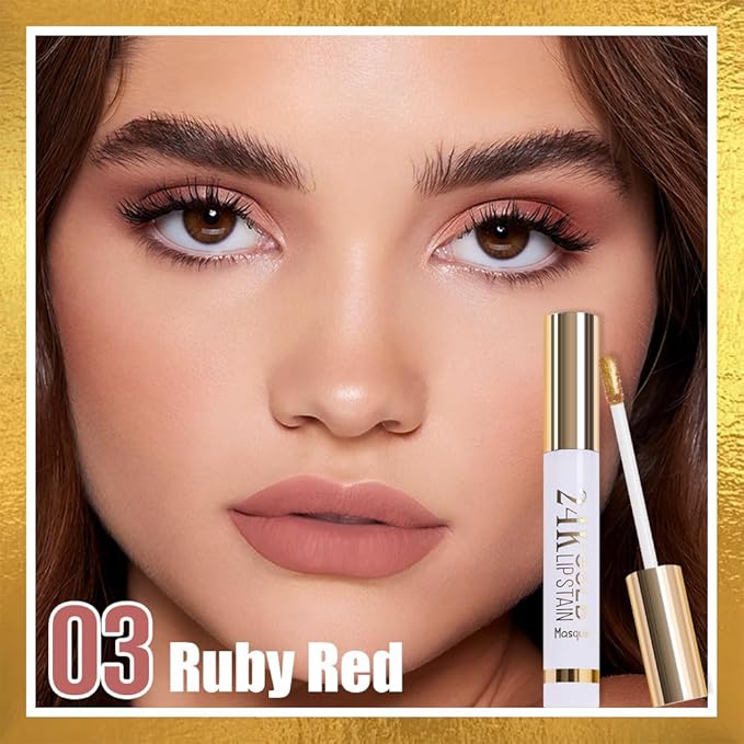 All Day Lip Stain Peel Off Gold Liquid Lip Gloss Tattoo, Ruby Red Matte Finish Peel Off Lip Stain Masque, Long Lasting Waterproof Lip Tint, Transfer-proof for All Skin Types 03#