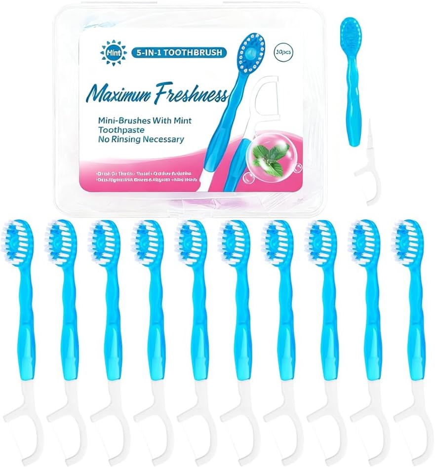 Mini Disposable Toothbrushes with Toothpaste 5 in 1 Travel Portable Toothbrush with Toothpaste + Tongue Scraper + Picks+Floss Travel Case (Mint, 10)