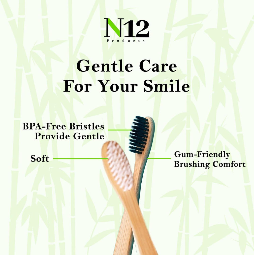 N12 Biodegradable Pack of 10 Bamboo Toothbrushes - Multicolored Charcoal BPA-Free Soft Bristol, Eco-Friendly, Sustainable Reusable Travel Tooth Brush
