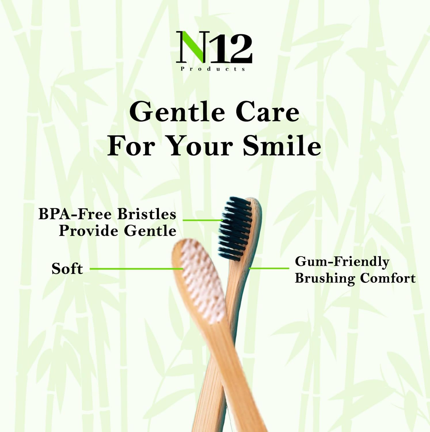 N12 Biodegradable Pack of 10 Bamboo Toothbrushes - Multicolored Charcoal BPA-Free Soft Bristol, Eco-Friendly, Sustainable Reusable Travel Tooth Brush